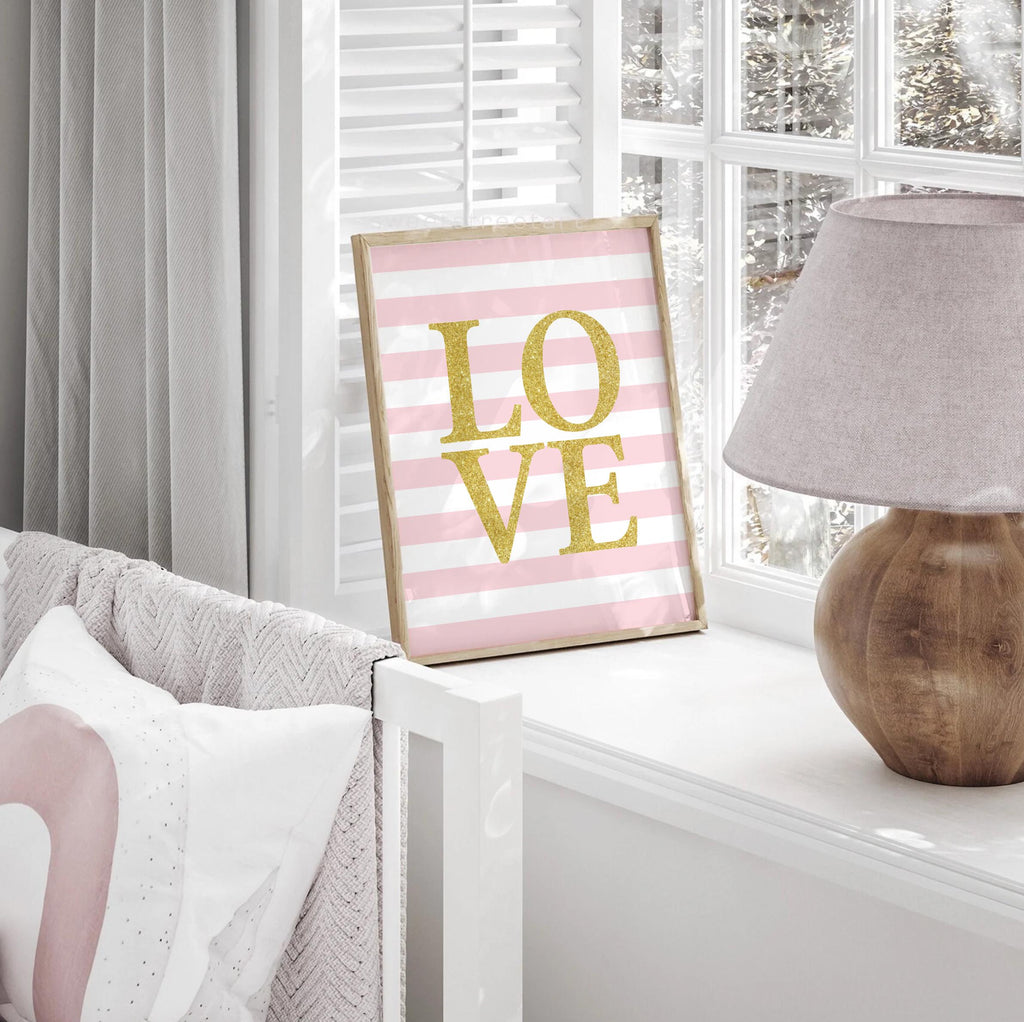 Love print, gold and pink love print, girls nursery decor, pink and gold, girls love nursery, girls nursery art, stripes, bathroom print