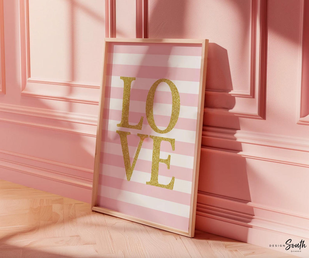 Love print, gold and pink love print, girls nursery decor, pink and gold, girls love nursery, girls nursery art, stripes, bathroom print