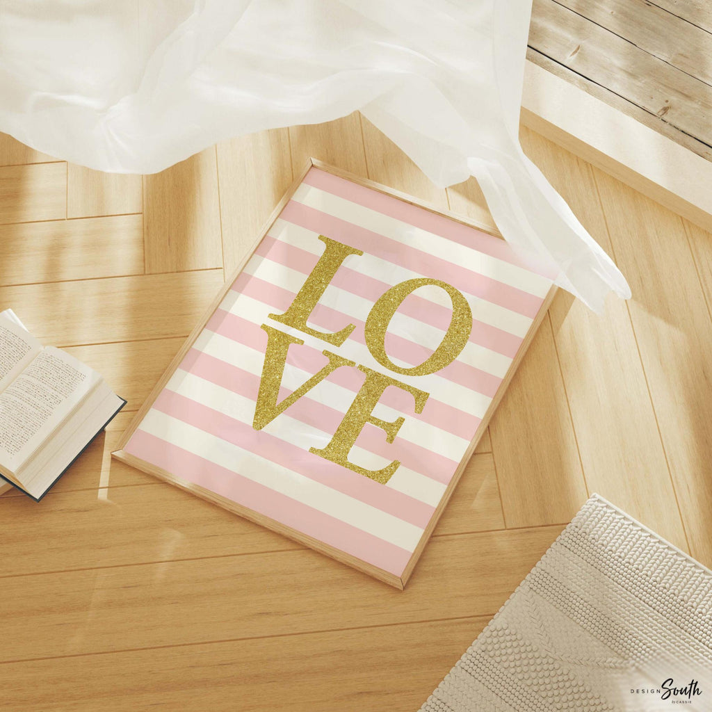Love print, gold and pink love print, girls nursery decor, pink and gold, girls love nursery, girls nursery art, stripes, bathroom print