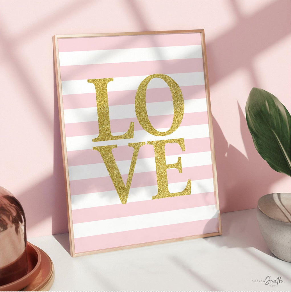Love print, gold and pink love print, girls nursery decor, pink and gold, girls love nursery, girls nursery art, stripes, bathroom print