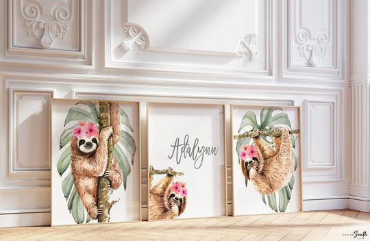 Girl sloth wall art set featuring charming sloth designs, perfect for a baby girl's nursery. This personalized sloth-themed art adds a playful and tropical touch to any girl's room decor. Ideal for creating a fun and cozy space with jungle-inspired sloth illustrations. Great for sloth nursery ideas for girls, this wall art can be customized with the girl's name for a unique and personal feel. Perfect for baby showers, birthdays, or new nursery decorations.