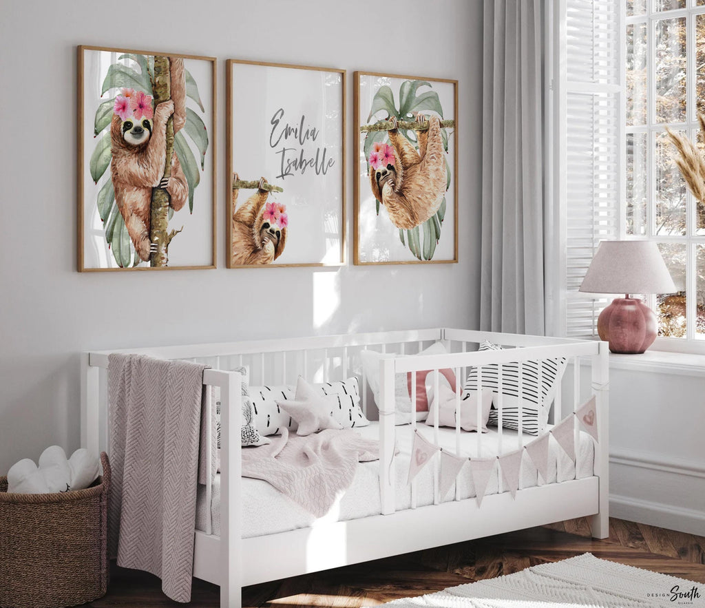 Girl sloth wall art set featuring charming sloth designs, perfect for a baby girl&#39;s nursery. This personalized sloth-themed art adds a playful and tropical touch to any girl&#39;s room decor. Ideal for creating a fun and cozy space with jungle-inspired sloth illustrations. Great for sloth nursery ideas for girls, this wall art can be customized with the girl&#39;s name for a unique and personal feel. Perfect for baby showers, birthdays, or new nursery decorations.