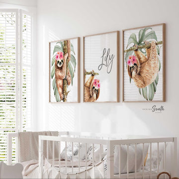 Girl sloth wall art set featuring charming sloth designs, perfect for a baby girl&#39;s nursery. This personalized sloth-themed art adds a playful and tropical touch to any girl&#39;s room decor. Ideal for creating a fun and cozy space with jungle-inspired sloth illustrations. Great for sloth nursery ideas for girls, this wall art can be customized with the girl&#39;s name for a unique and personal feel. Perfect for baby showers, birthdays, or new nursery decorations.