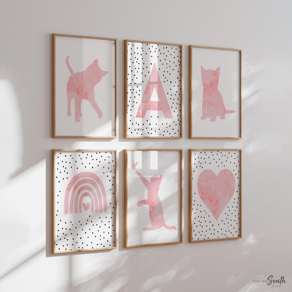 Pink kitten art prints nursery, little girls room kitty decor, pink gray cat girl room, kitten posters, cat nursery art, cat girl bedroom