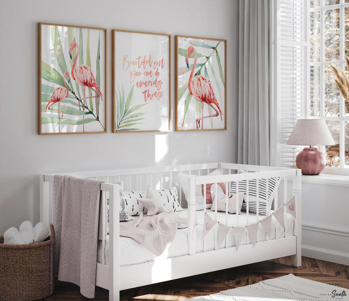 Beautiful girl you can do amazing things, tropical palm flamingo nursery, above crib tropical theme, flamingo nursery pink green wall prints