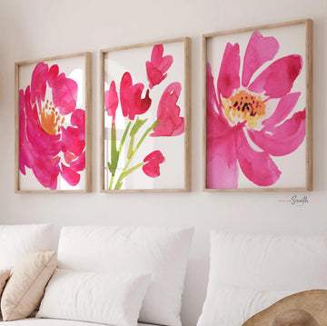 Home decor wall art, adult bathroom, guest bathroom, watercolor wall art prints, bathroom wall decor, floral bathroom, hot pink abstract art