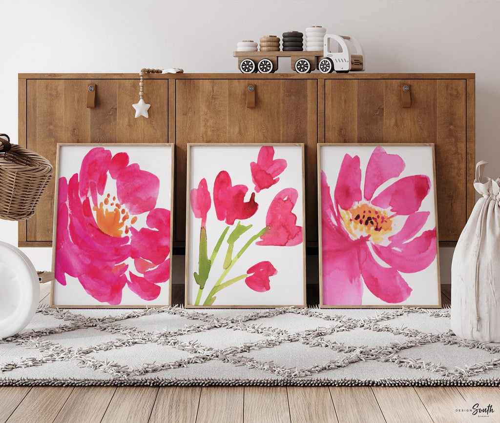 Home decor wall art, adult bathroom, guest bathroom, watercolor wall art prints, bathroom wall decor, floral bathroom, hot pink abstract art