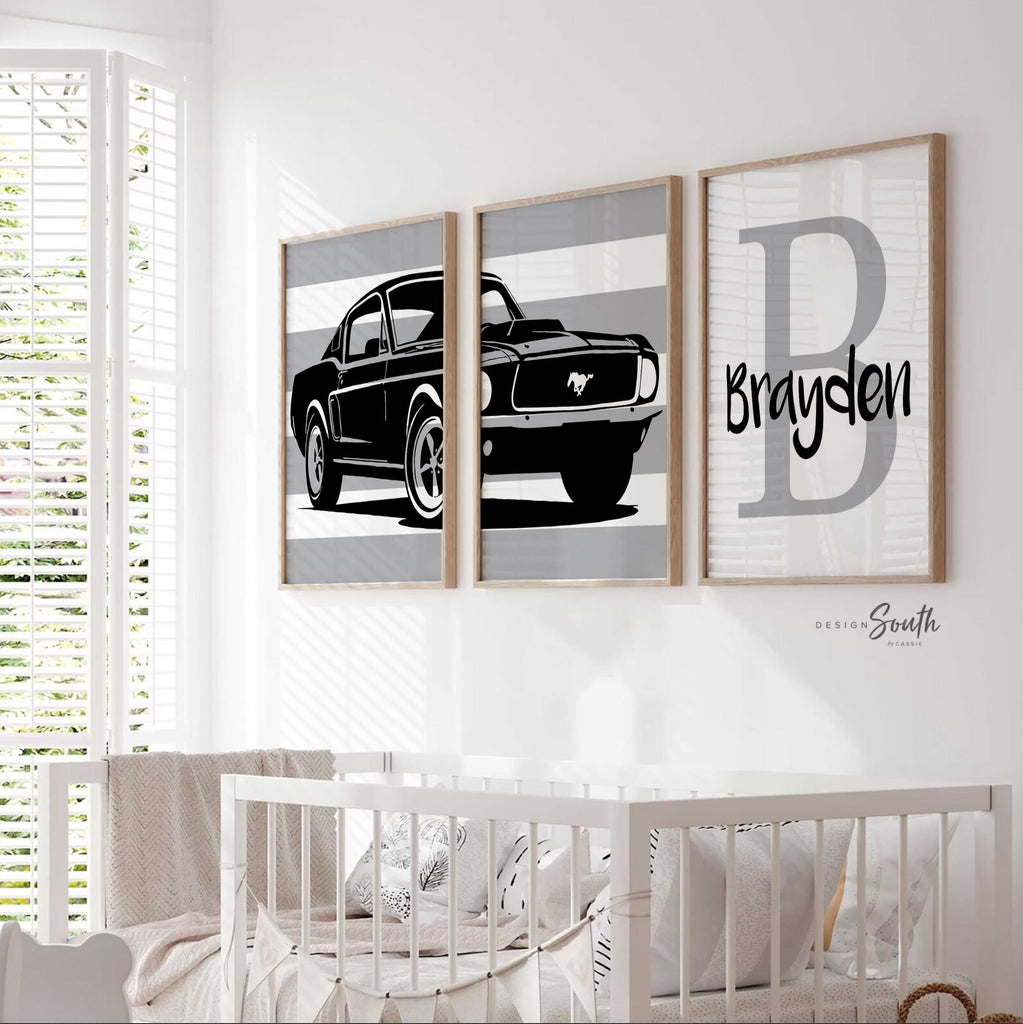 Ford Shelby Mustang 1967 wall art print set perfect for a baby or child’s room. Personalized with your child&#39;s name, this classic muscle car decor brings a vintage automotive vibe to a boy’s nursery or kid’s room. Featuring the iconic Shelby Mustang, the set of three prints adds a stylish and timeless touch to any young car enthusiast’s space. Ideal for boys&#39; room wall art or as a unique, thoughtful gift for birthdays, baby showers, or new parents.
