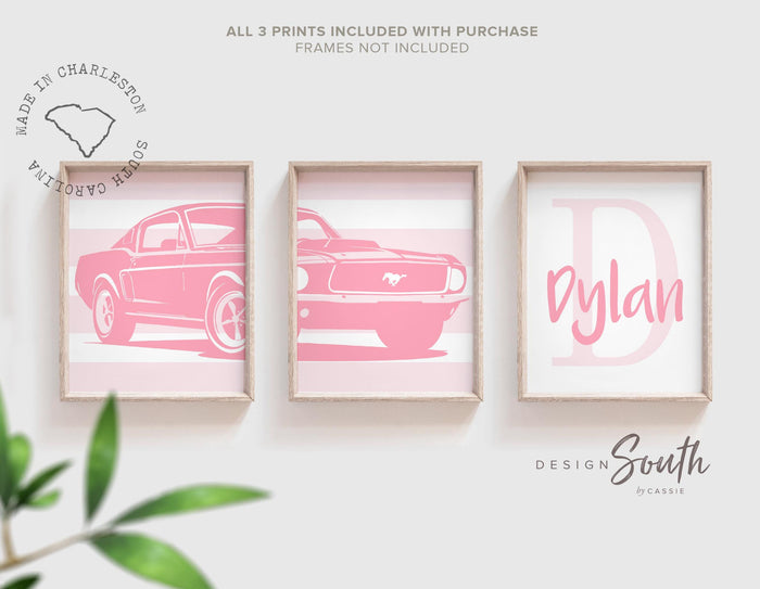 Ford Mustang Shelby 1967 wall art, pink baby decor, girls room print set, nursery wall art, toddler girl car art, baby shower gift
