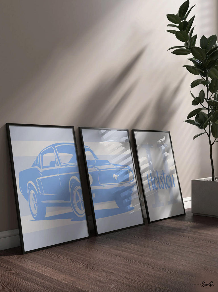 Baby blue Ford Mustang Shelby 1967 wall art print set designed for baby boys’ nurseries or toddler rooms. This set of three prints features the classic muscle car in soft blue hues, adding a cool and stylish automotive touch to any boy’s space. Perfect for a personalized nursery, toddler’s bedroom, or as a unique baby shower gift. The baby blue shades bring a fun, timeless twist to the iconic car, creating a one-of-a-kind decor piece that complements modern design.
