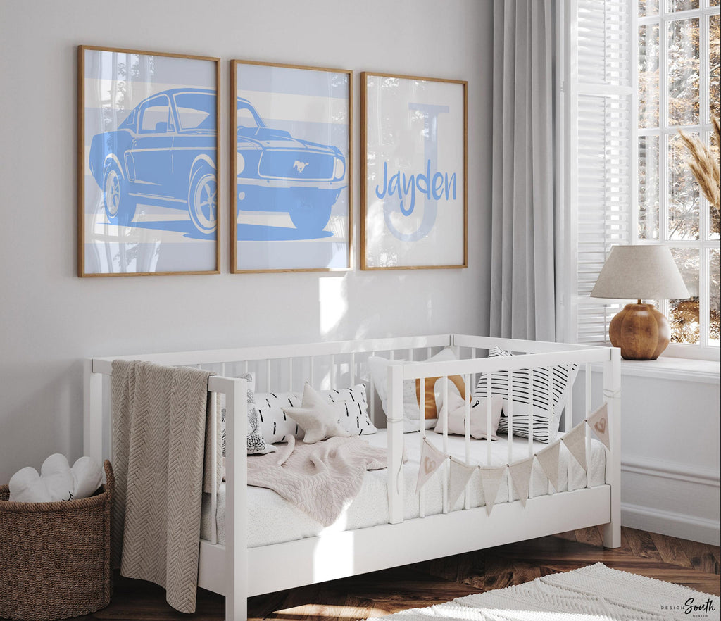 Baby blue Ford Mustang Shelby 1967 wall art print set designed for baby boys’ nurseries or toddler rooms. This set of three prints features the classic muscle car in soft blue hues, adding a cool and stylish automotive touch to any boy’s space. Perfect for a personalized nursery, toddler’s bedroom, or as a unique baby shower gift. The baby blue shades bring a fun, timeless twist to the iconic car, creating a one-of-a-kind decor piece that complements modern design.