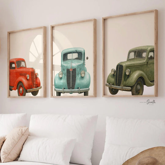Classic vintage truck wall art for boys, 1930s red green blue watercolor trucks, toddler boy nursery, kids room wall decor, retro truck art