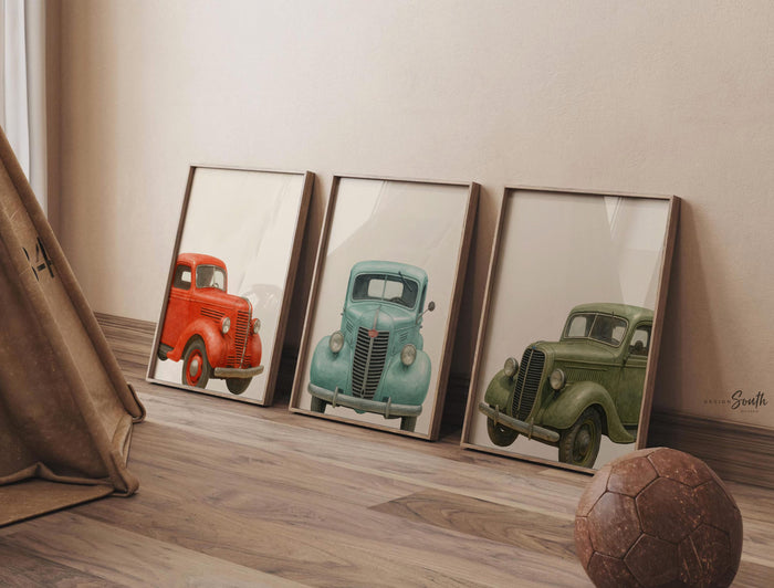 Classic vintage truck wall art for boys, 1930s red green blue watercolor trucks, toddler boy nursery, kids room wall decor, retro truck art