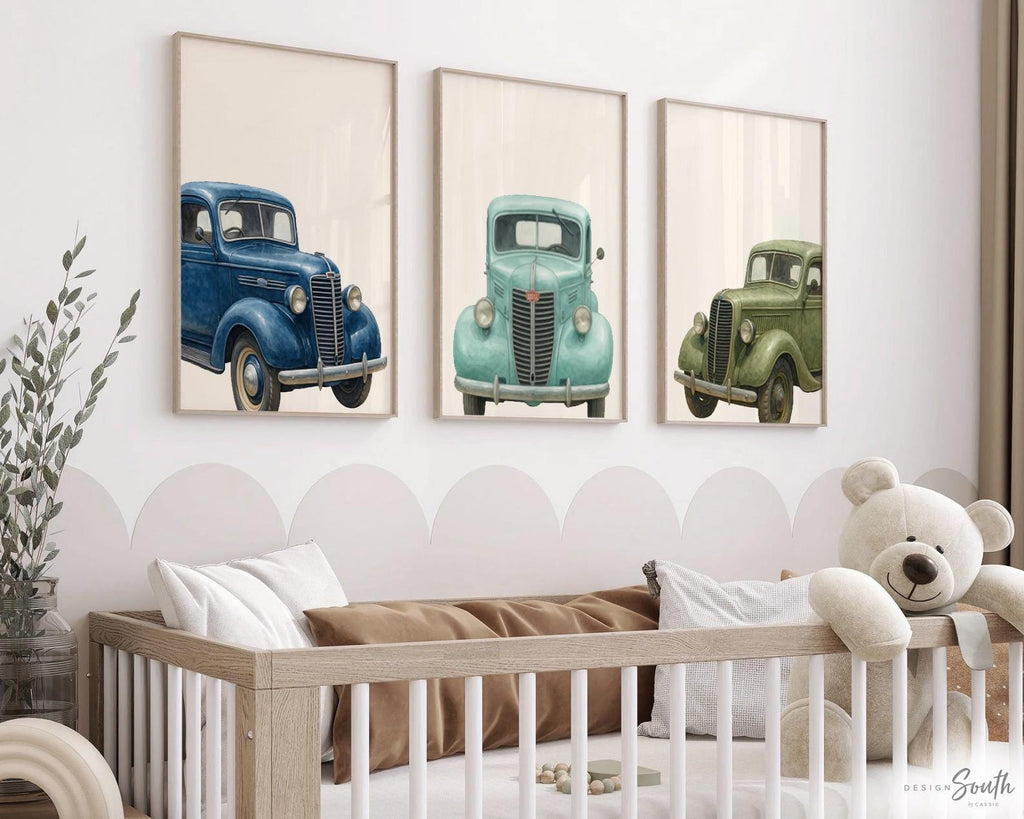 Retro truck nursery wall art for boys, vintage truck wall art, 1930s red green blue watercolor trucks, toddler nursery decor, retro vehicles
