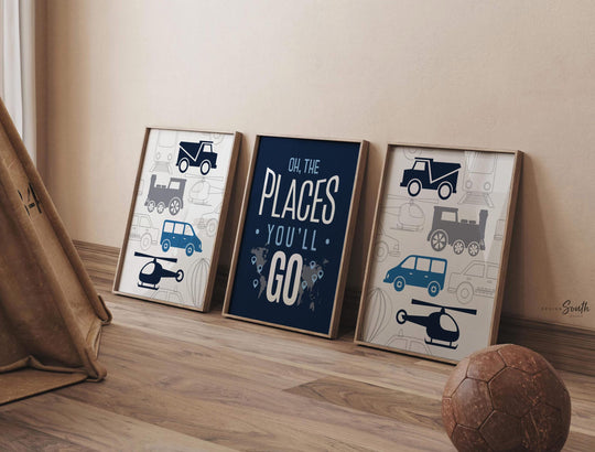 Transportation boys room wall art cars trains helicopter, navy blue and gray cars, boy bedroom decor, car bedroom boy, car decor boy room
