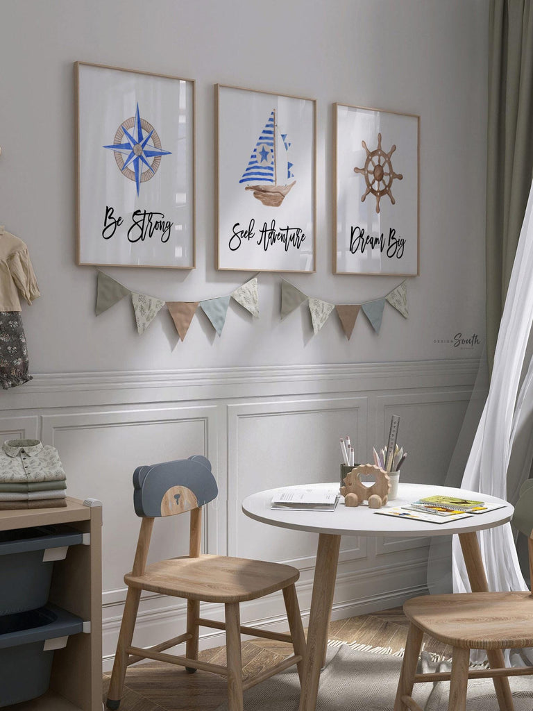 Baby nautical nursery decor, baby nautical gift, blue boy nautical room decor, compass sailboat wooden ship wheel baby room art, sailing art