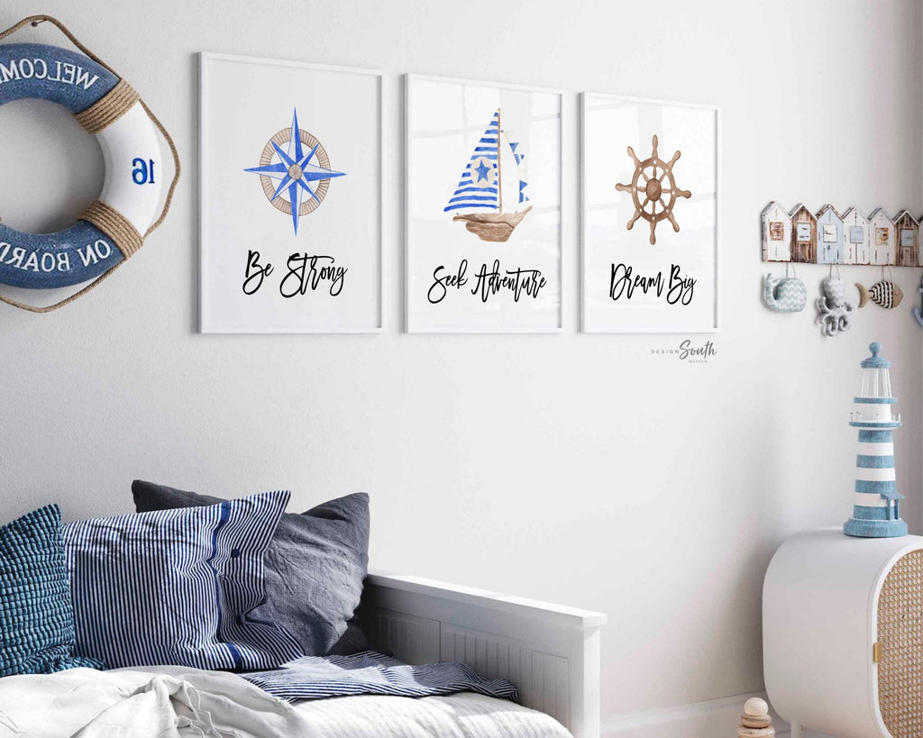 Baby nautical nursery decor, baby nautical gift, blue boy nautical room decor, compass sailboat wooden ship wheel baby room art, sailing art