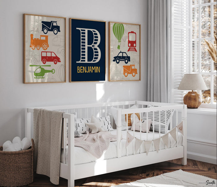 Personalized Transportation Nursery Prints: Navy, Red, Green Boys Room Decor