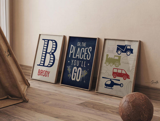 Transportation theme for boys nursery or bedroom, personalized name print for boys, oh the places you'll go, blue, red and green print, art