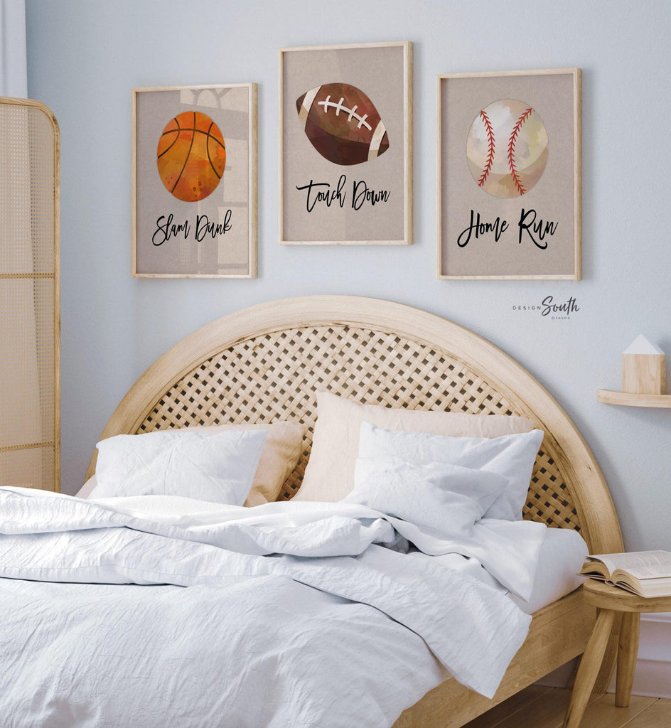 Sports baby gift, sports nursery wall art decor, basketball slam dunk art print, football touch down art print, baseball home run art print