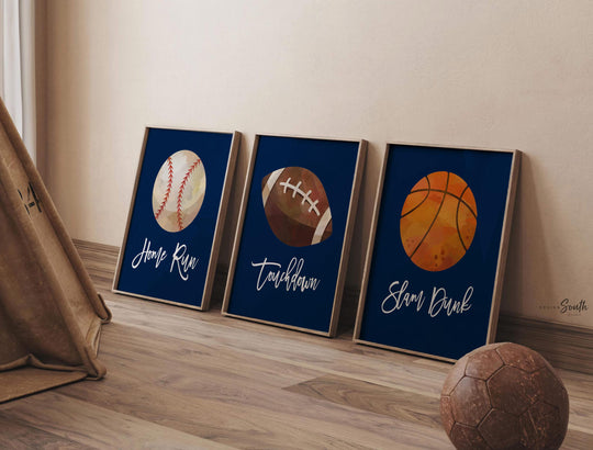 Sports room decor for boys, basketball football baseball prints boys room, nursery decor boys wall art navy blue sports balls, playroom idea