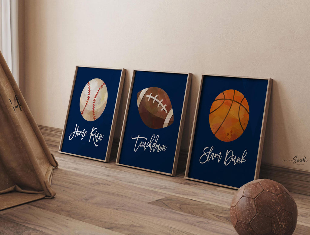 Sports room decor for boys, basketball football baseball prints boys room, nursery decor boys wall art navy blue sports balls, playroom idea