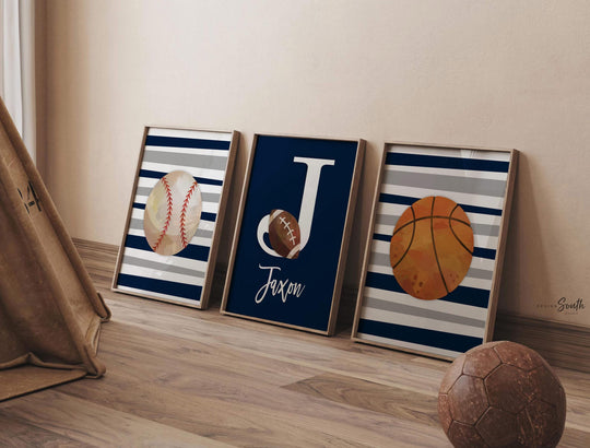 Sports room art, sports wall prints customized kids name, nursery decor sports theme, set of three above crib sports, boy bedroom sports art