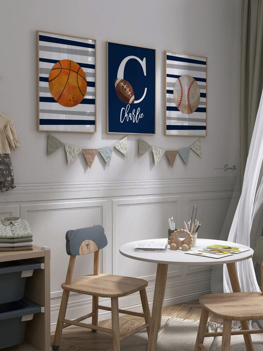 Sports room art, sports wall prints customized kids name, nursery decor sports theme, set of three above crib sports, boy bedroom sports art