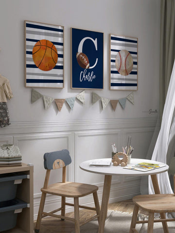 Sports room art, sports wall prints customized kids name, nursery decor sports theme, set of three above crib sports, boy bedroom sports art