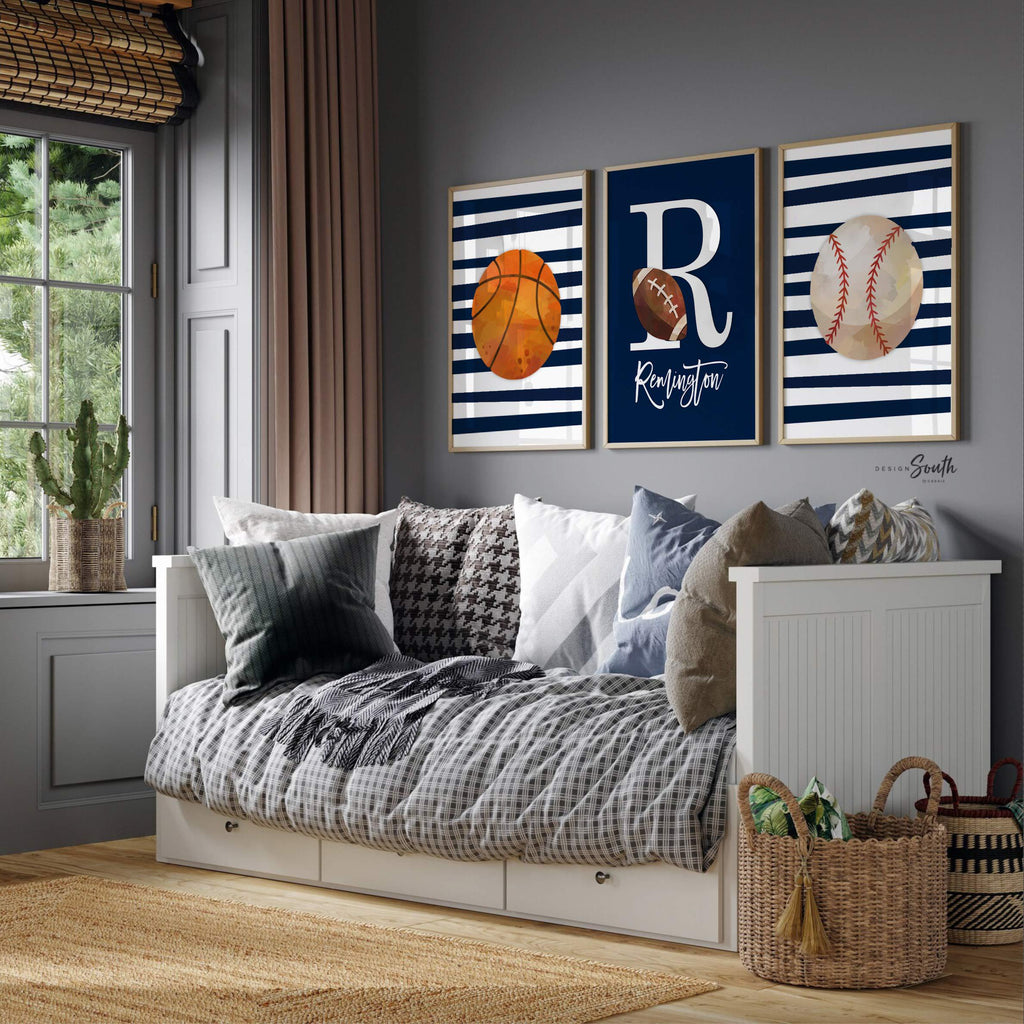 Sports birthday party gift, boys nursery decor, navy blue nursery wall art, boys monogram personalized sports print, big boy bedroom decor