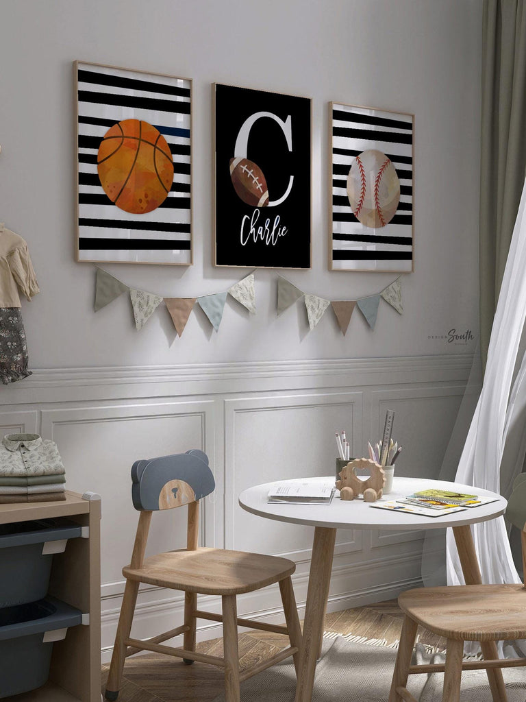 Sports wall prints for kid room, sports balls wall pictures, sports art personalized gift, basketball baseball football wall art boy nursery