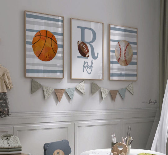 Stripes boys room decor, sports themed prints personalized, sports baby shower gift, navy blue and gray sports art print, sports baby room
