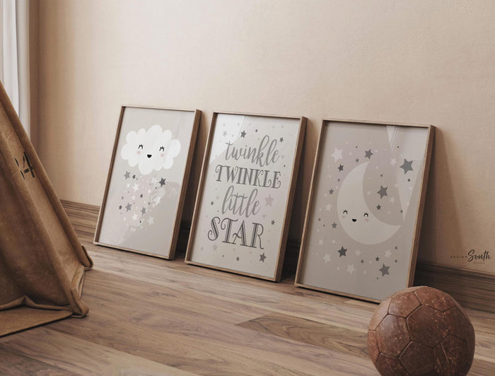 Gender neutral nursery wall art set of 3, twinkle twinkle little star quote, gray moon cloud and stars prints, unisex baby room decor prints