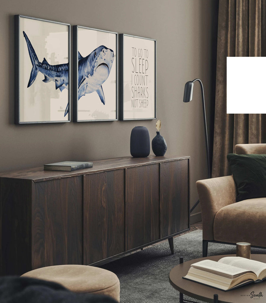 Set of shark-themed nursery wall art prints featuring the quote “To go to sleep I count sharks not sheep.” Perfect for a baby boy’s room or ocean-themed nursery, this playful and modern artwork adds a fun touch to boys&#39; bedrooms or toddler spaces. Includes watercolor-style shark illustrations and bold text, ideal for a shark lover’s room or under-the-sea decor. A great gift for baby showers, birthdays, or parents creating a shark or marine life theme for their little one.