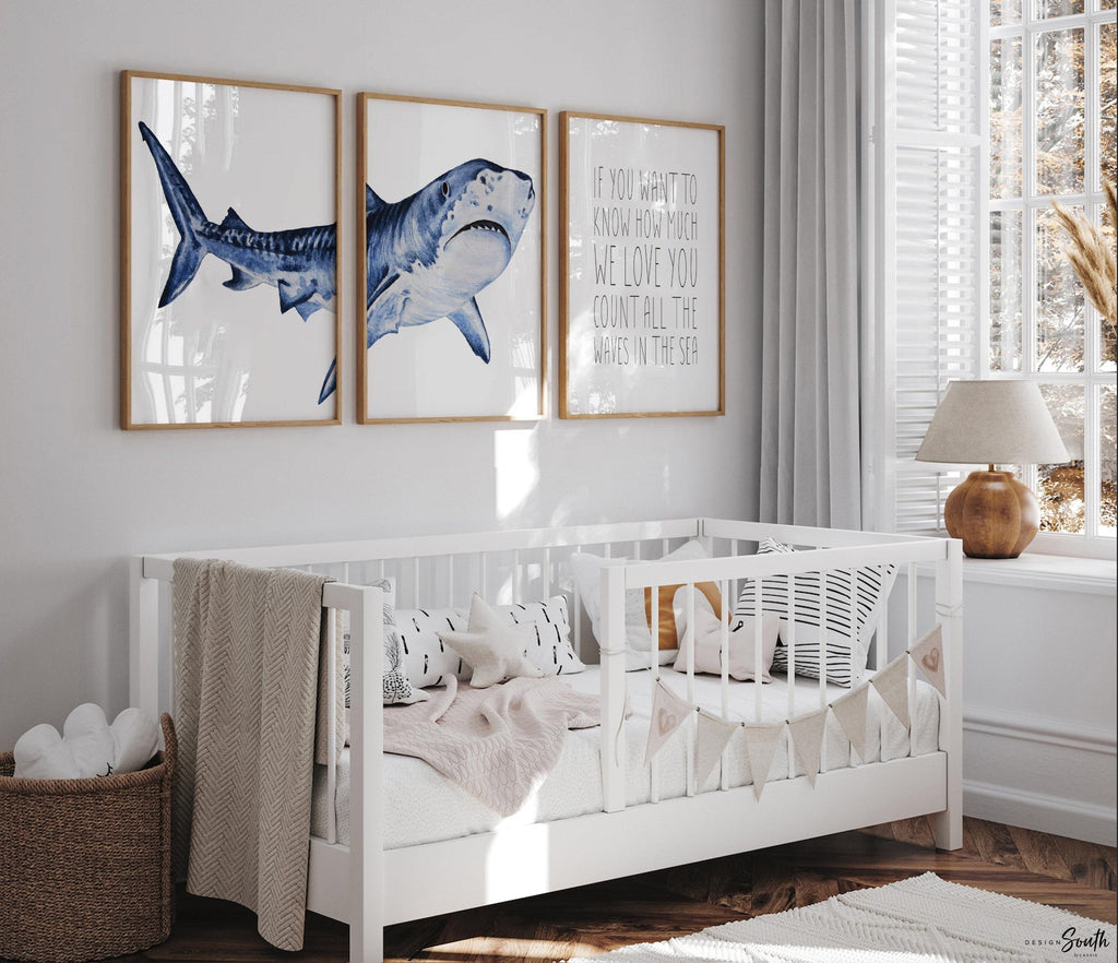 Set of shark-themed nursery wall art prints featuring the quote “To go to sleep I count sharks not sheep.” Perfect for a baby boy’s room or ocean-themed nursery, this playful and modern artwork adds a fun touch to boys&#39; bedrooms or toddler spaces. Includes watercolor-style shark illustrations and bold text, ideal for a shark lover’s room or under-the-sea decor. A great gift for baby showers, birthdays, or parents creating a shark or marine life theme for their little one.