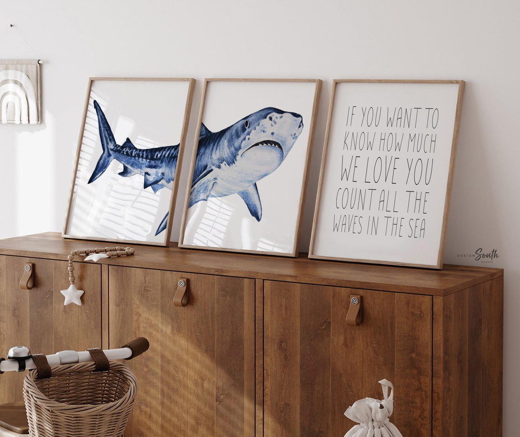 Set of shark-themed nursery wall art prints featuring the quote “To go to sleep I count sharks not sheep.” Perfect for a baby boy’s room or ocean-themed nursery, this playful and modern artwork adds a fun touch to boys&#39; bedrooms or toddler spaces. Includes watercolor-style shark illustrations and bold text, ideal for a shark lover’s room or under-the-sea decor. A great gift for baby showers, birthdays, or parents creating a shark or marine life theme for their little one.