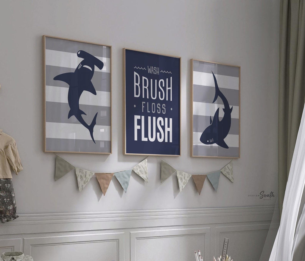 Boys gray and navy blue shark bathroom, kids bathroom sharks, boys nautical bathroom, wall shark prints for boys, ideas for toddler bathroom