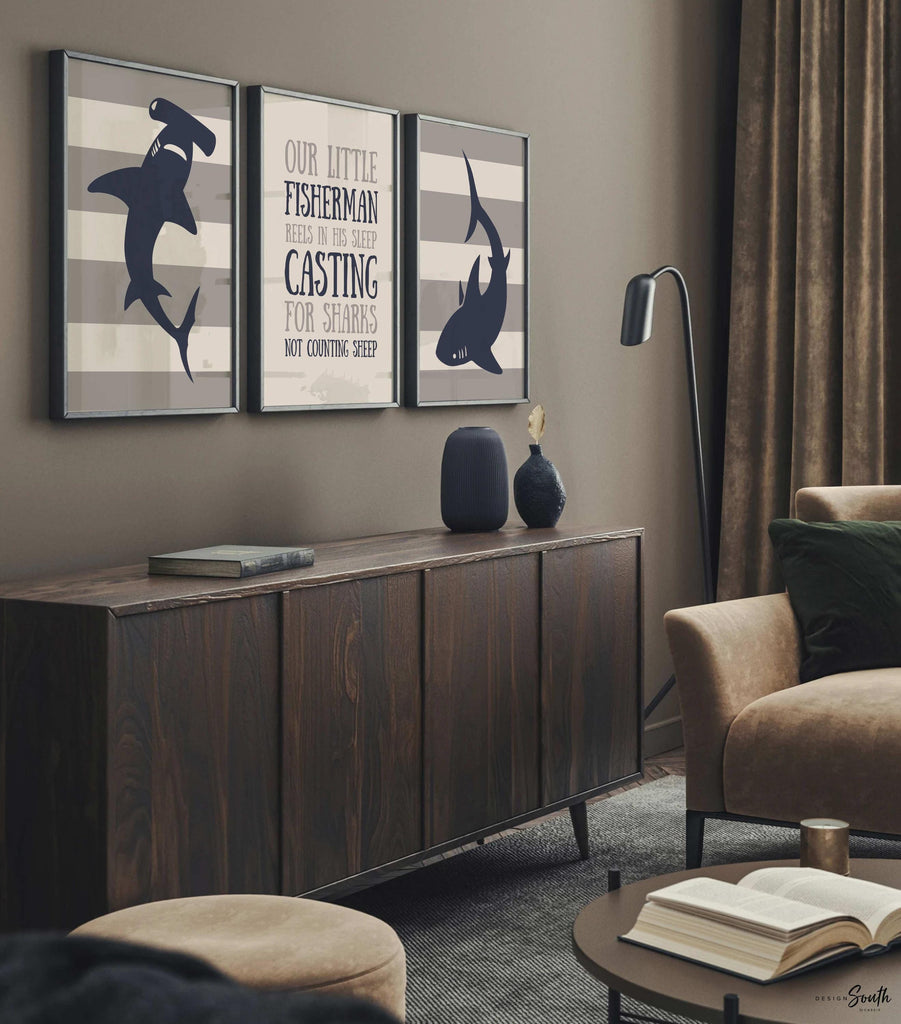 Shark nursery art navy and gray, boy's room fishing theme quote, stripes navy blue gray wall decor, shark kids room art, playroom wall idea