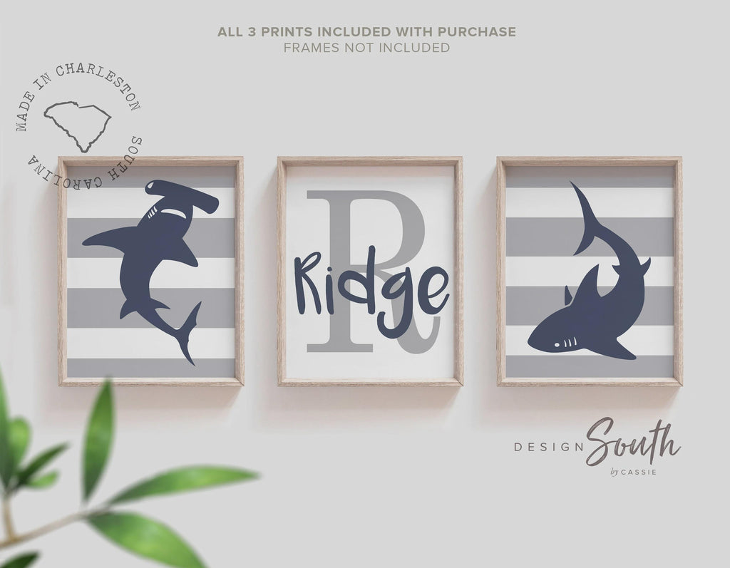 Shark nursery decor navy blue and gray boys personalized, shark decor, shark nursery, shark art, wall art for boys customized, boys sharks
