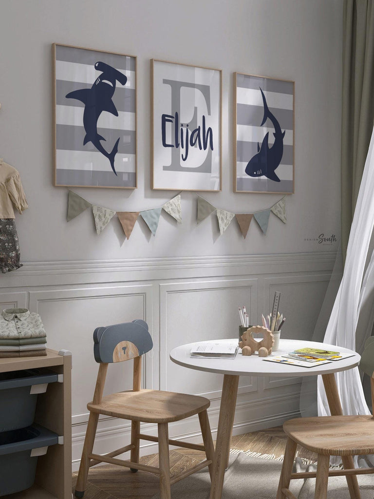 Shark nursery decor navy blue and gray boys personalized, shark decor, shark nursery, shark art, wall art for boys customized, boys sharks