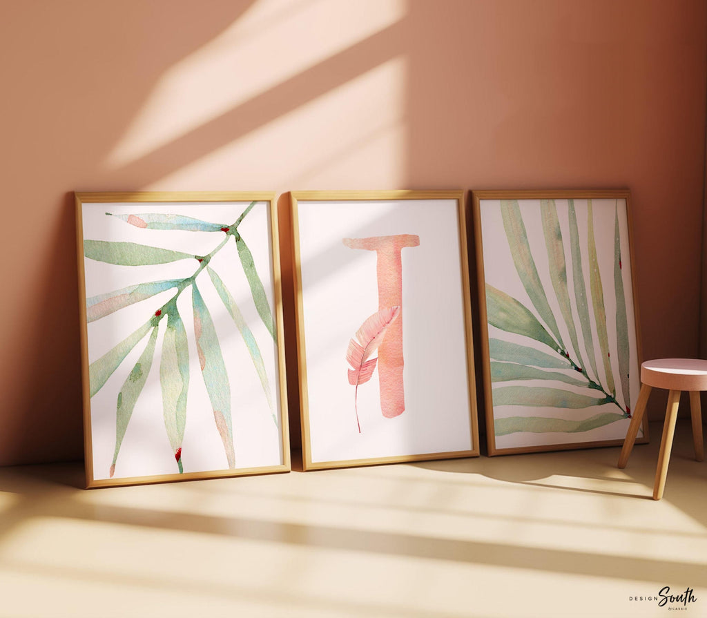Light pink and green tropical baby, blush peach tropical nursery, beach plants pink initial baby art, newborn nature themed nursery prints