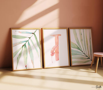 Light pink and green tropical baby, blush peach tropical nursery, beach plants pink initial baby art, newborn nature themed nursery prints