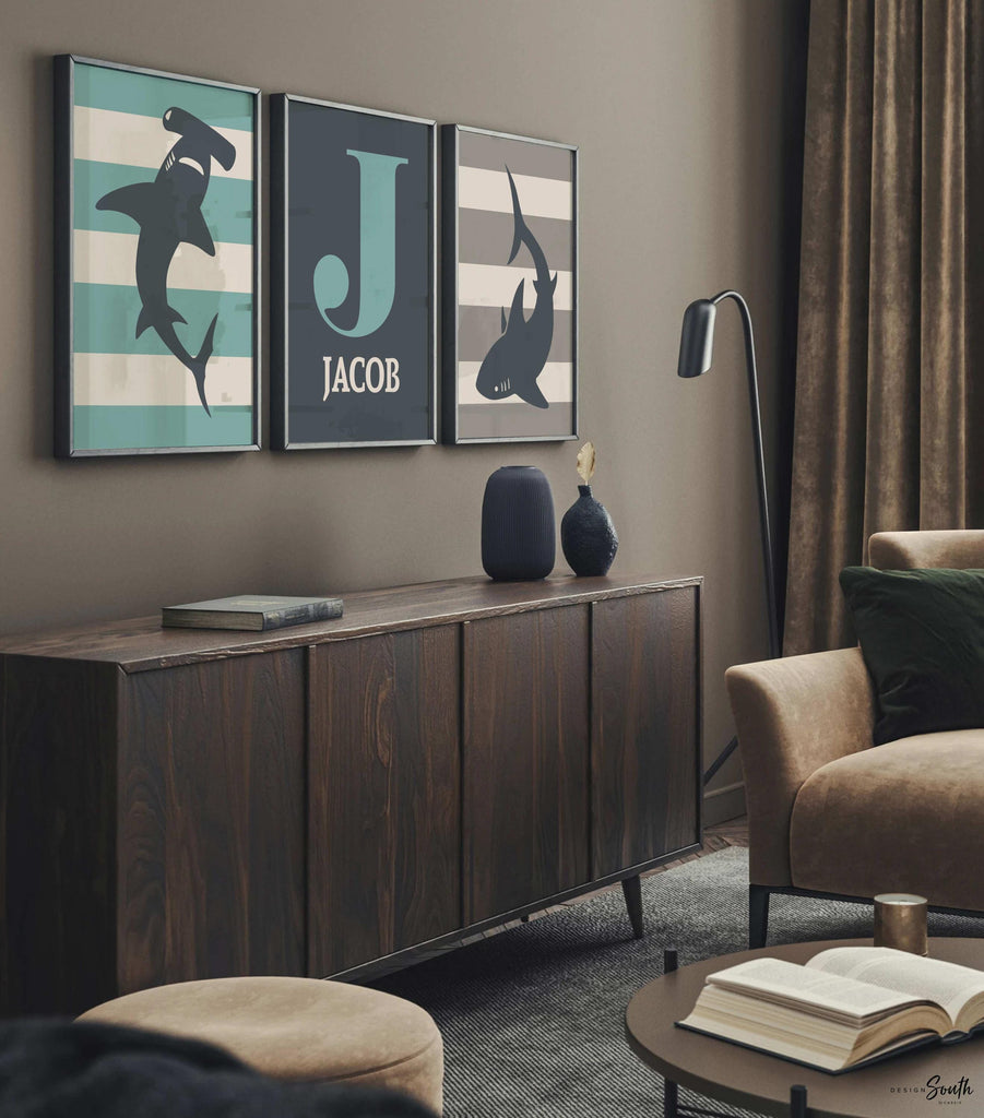 Boys shark bedroom personalized, blue shark print, shark decor, toddler shark room, kids shark room nautical stripe beach blues pottery barn