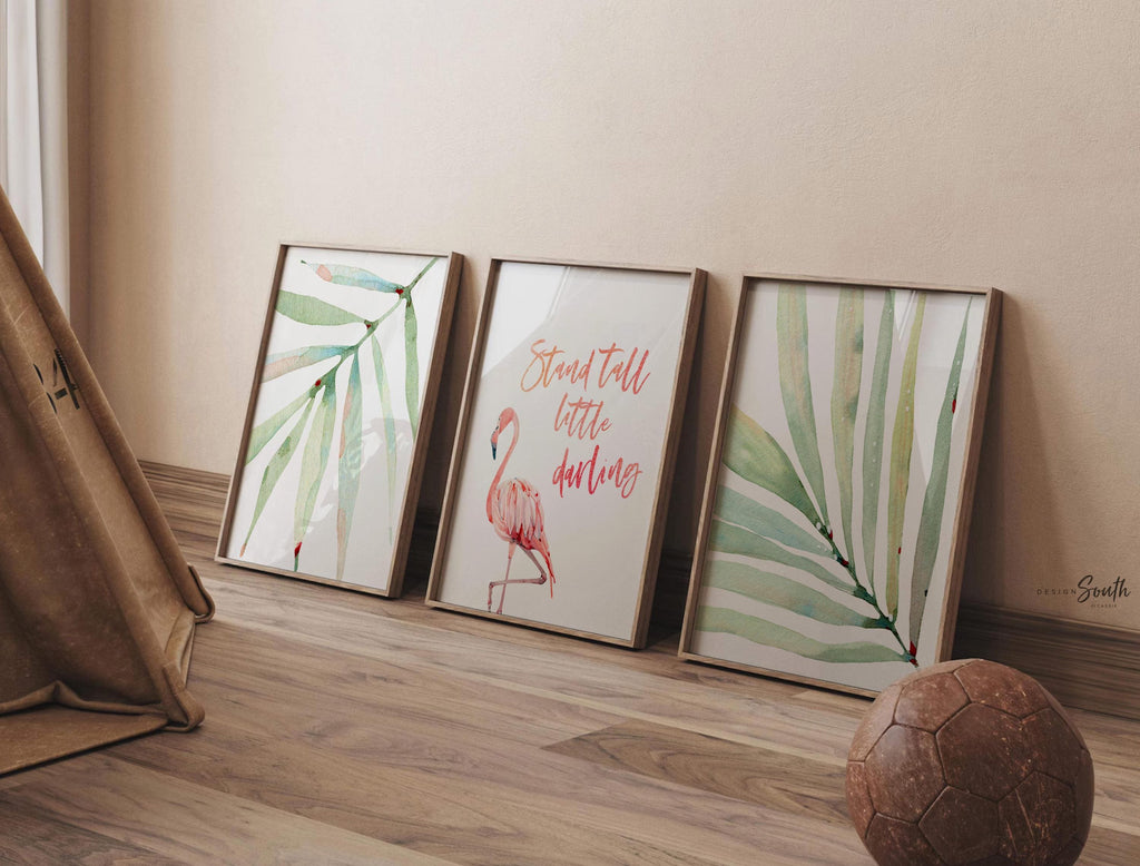 Stand tall little darling, tropical palm flamingo nursery, above crib tropical theme, flamingo art, newborn flamingo nursery pink and green