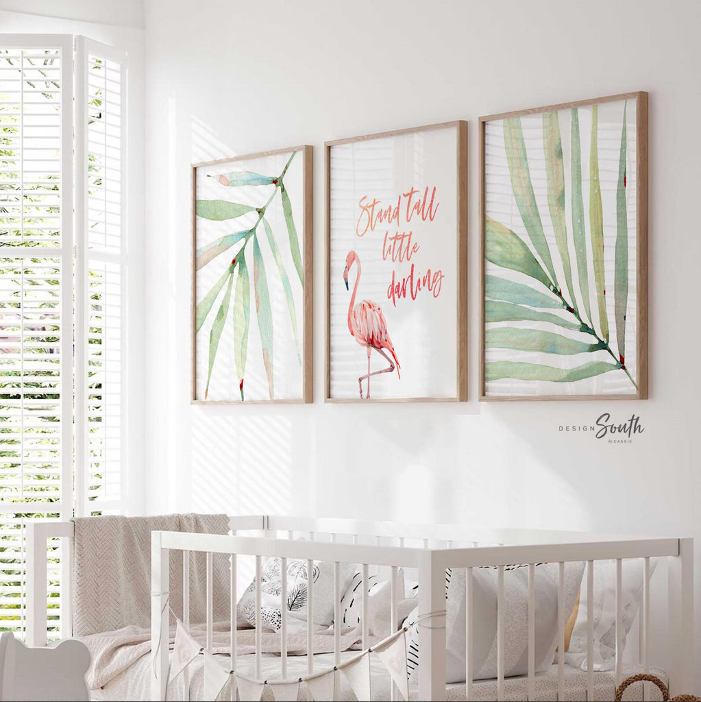 Stand tall little darling, tropical palm flamingo nursery, above crib tropical theme, flamingo art, newborn flamingo nursery pink and green