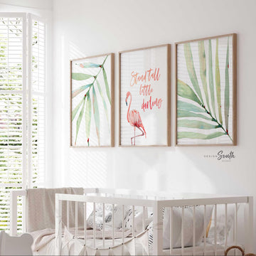 Stand tall little darling, tropical palm flamingo nursery, above crib tropical theme, flamingo art, newborn flamingo nursery pink and green