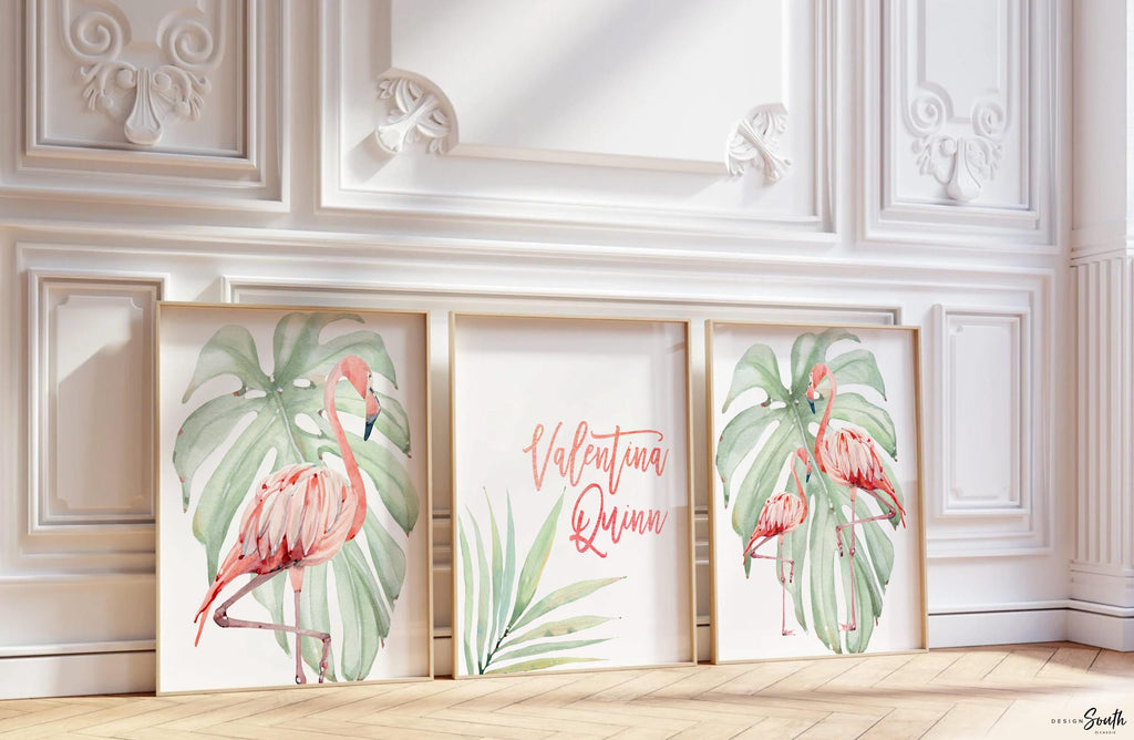 Flamingo print art set designed for tropical-themed nurseries, featuring pink and green tones perfect for hanging above a crib or in a baby girl’s room. This flamingo nursery decor adds a playful yet calming vibe, ideal for newborn spaces, beach-inspired nurseries, or baby shower gifts. The soft watercolor style and tropical elements make it a charming addition to any baby room decor, especially for those creating a flamingo or coastal-themed nursery.
