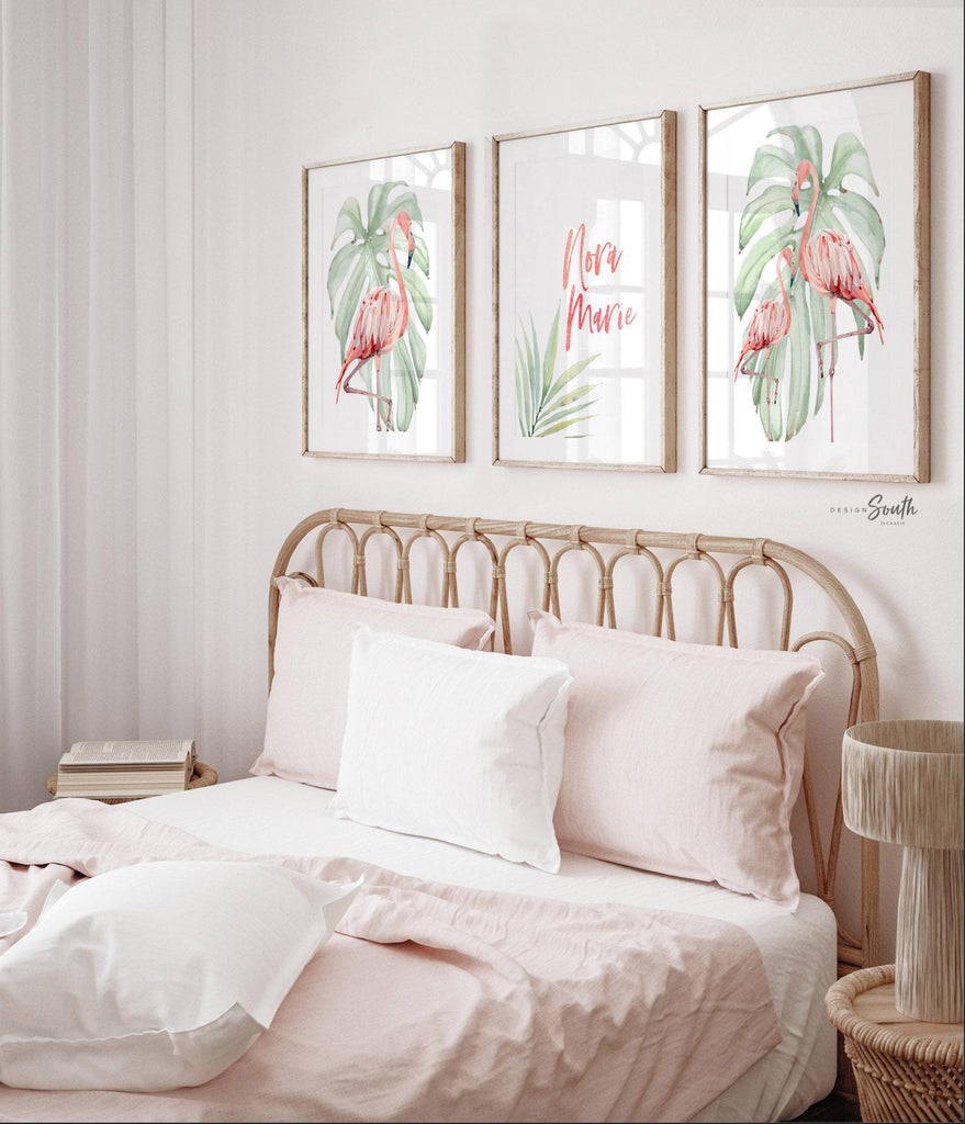 Flamingo print art set designed for tropical-themed nurseries, featuring pink and green tones perfect for hanging above a crib or in a baby girl’s room. This flamingo nursery decor adds a playful yet calming vibe, ideal for newborn spaces, beach-inspired nurseries, or baby shower gifts. The soft watercolor style and tropical elements make it a charming addition to any baby room decor, especially for those creating a flamingo or coastal-themed nursery.