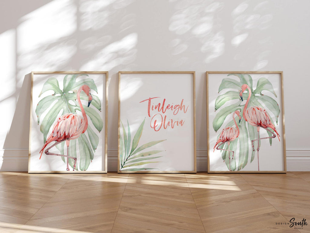 Flamingo print art set designed for tropical-themed nurseries, featuring pink and green tones perfect for hanging above a crib or in a baby girl’s room. This flamingo nursery decor adds a playful yet calming vibe, ideal for newborn spaces, beach-inspired nurseries, or baby shower gifts. The soft watercolor style and tropical elements make it a charming addition to any baby room decor, especially for those creating a flamingo or coastal-themed nursery.