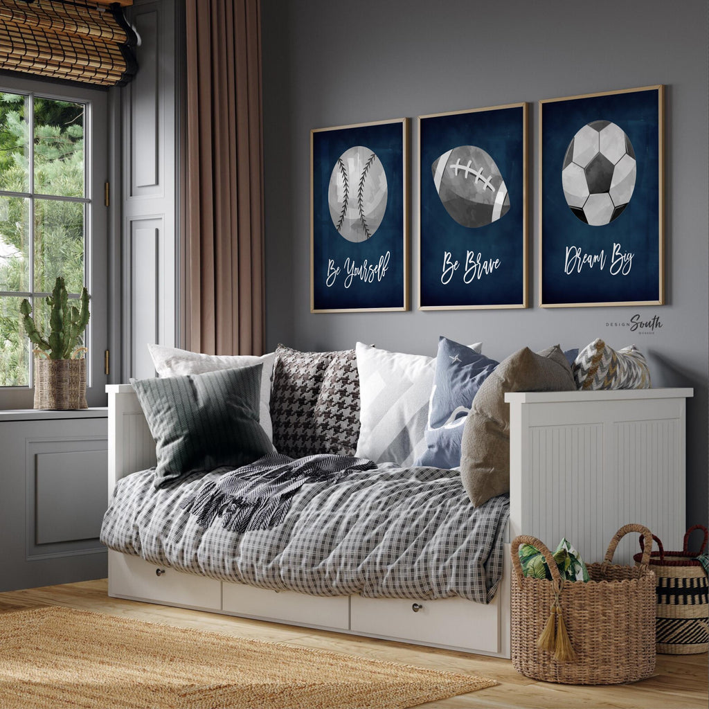 Decorative wall art featuring navy blue and gray sports-themed prints for a boys’ room or nursery. Perfect for a sports-themed birthday gift, party, or bedroom decor. Includes designs suitable for kids’ sports rooms, with playful illustrations and modern navy gray color scheme.